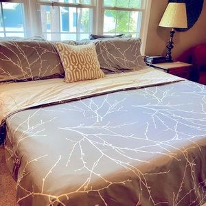 King size duvet cover and king shams grey with branches reversible
